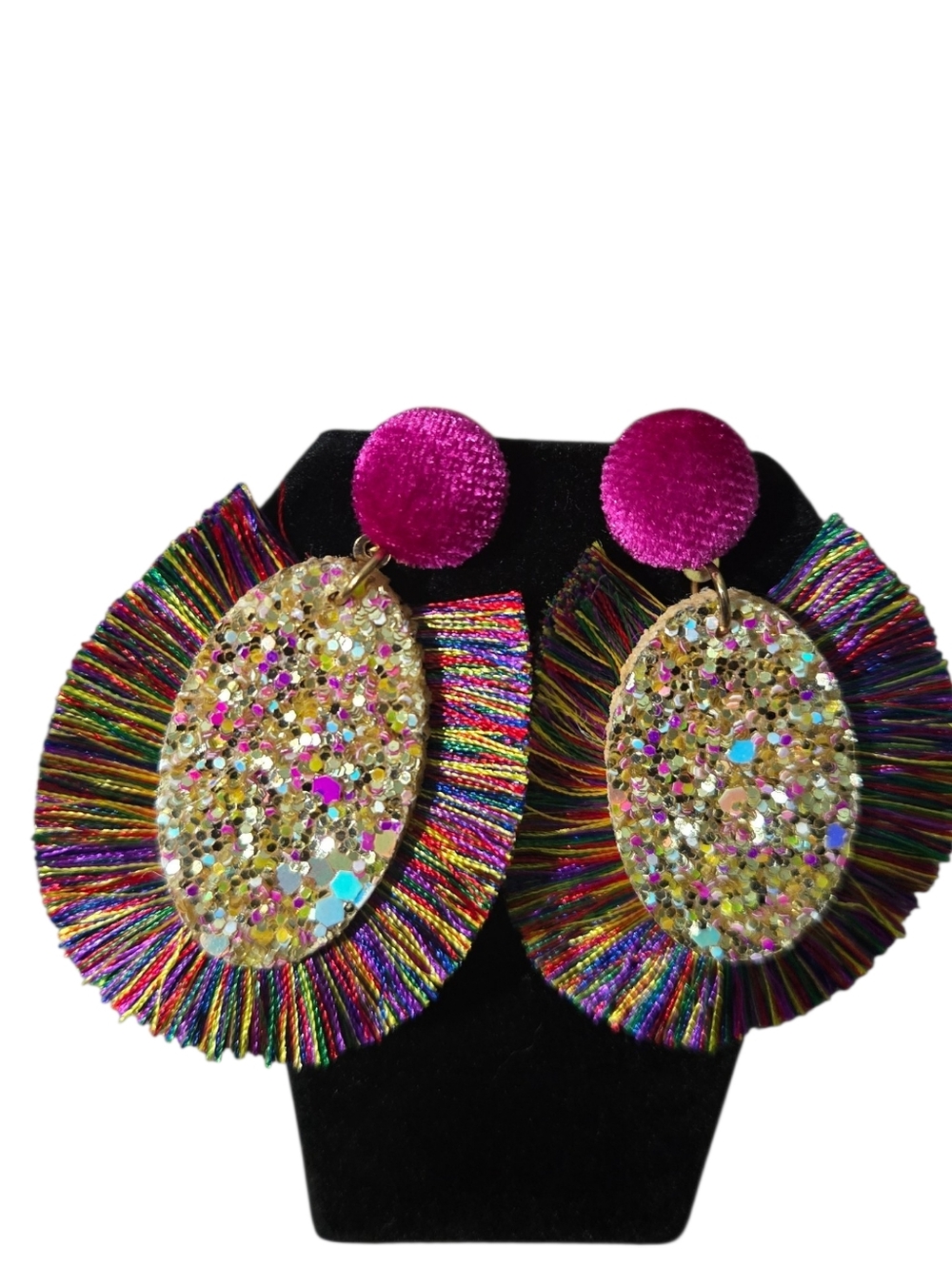 Bold Multicolor Glitter Fringe Drop Earrings - Pink Accent